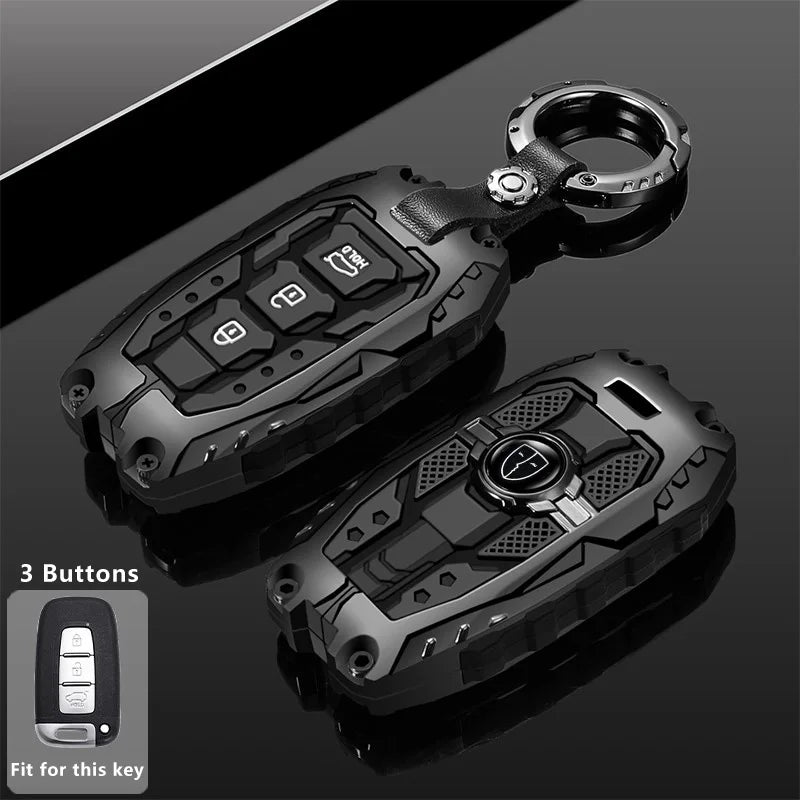 A black universal car key fob cover for Hyundai and Kia models shown with a key ring.