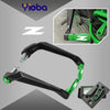 A black motorcycle lever and handguard protector kit with green accents shown in various angles.