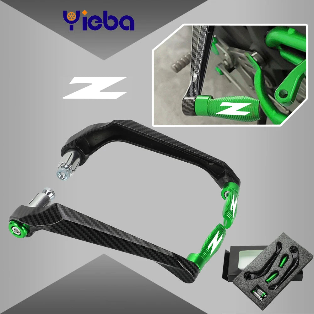 A black motorcycle lever and handguard protector kit with green accents shown in various angles.