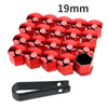 A set of 19mm red car wheel nut protection covers and a black holder.