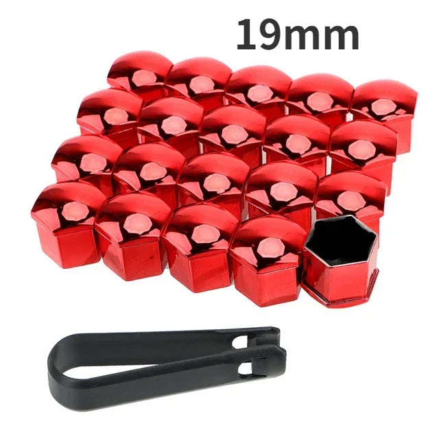 A set of 19mm red car wheel nut protection covers and a black holder.