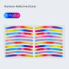 A sheet of 20 multi-color reflective stickers arranged in horizontal rainbow stripes.