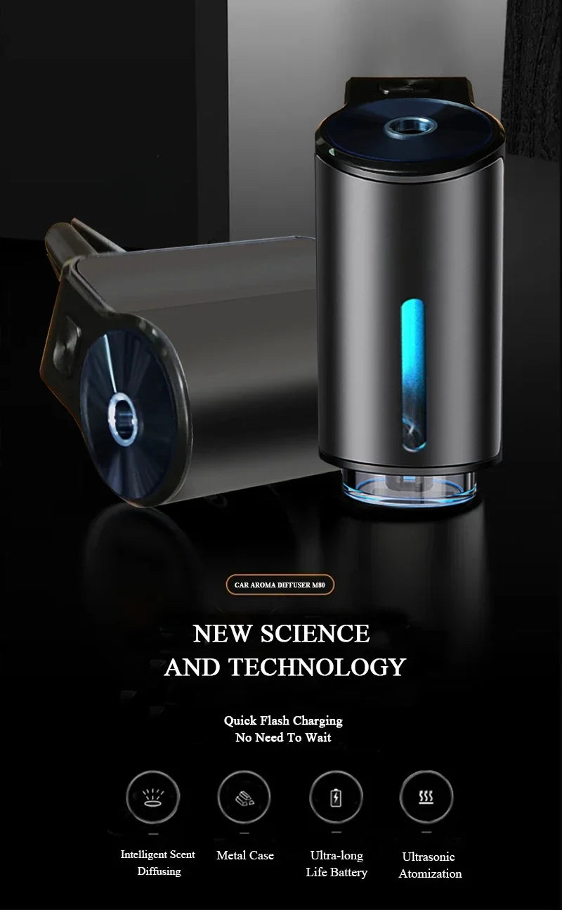 A sleek, metallic car aroma diffuser with a blue light, showing various features like flash charging and ultrasonic atomizati