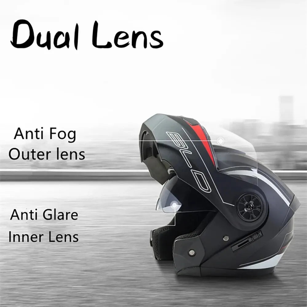 A black motorcycle helmet with dual lenses, featuring anti-fog outer and anti-glare inner lenses.