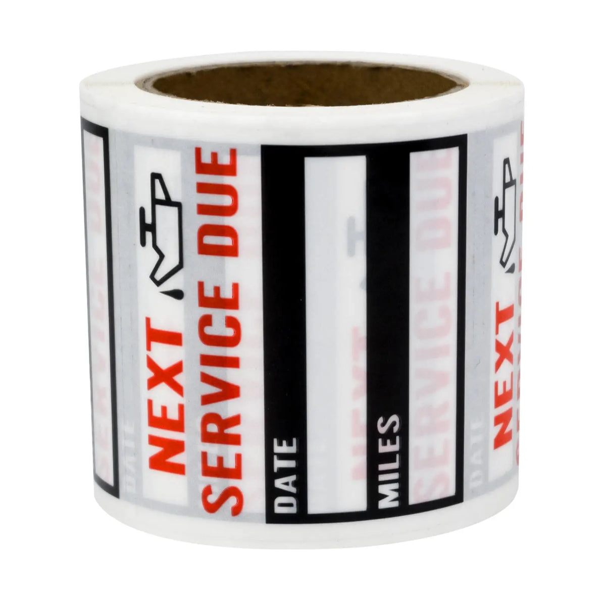 A roll of oil change reminder stickers with black and white stripes and text indicating next service due date and miles.