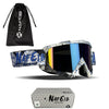 A black drawstring bag and a pair of multi-colored motorcycle goggles with the brand name NAFEIB visible.