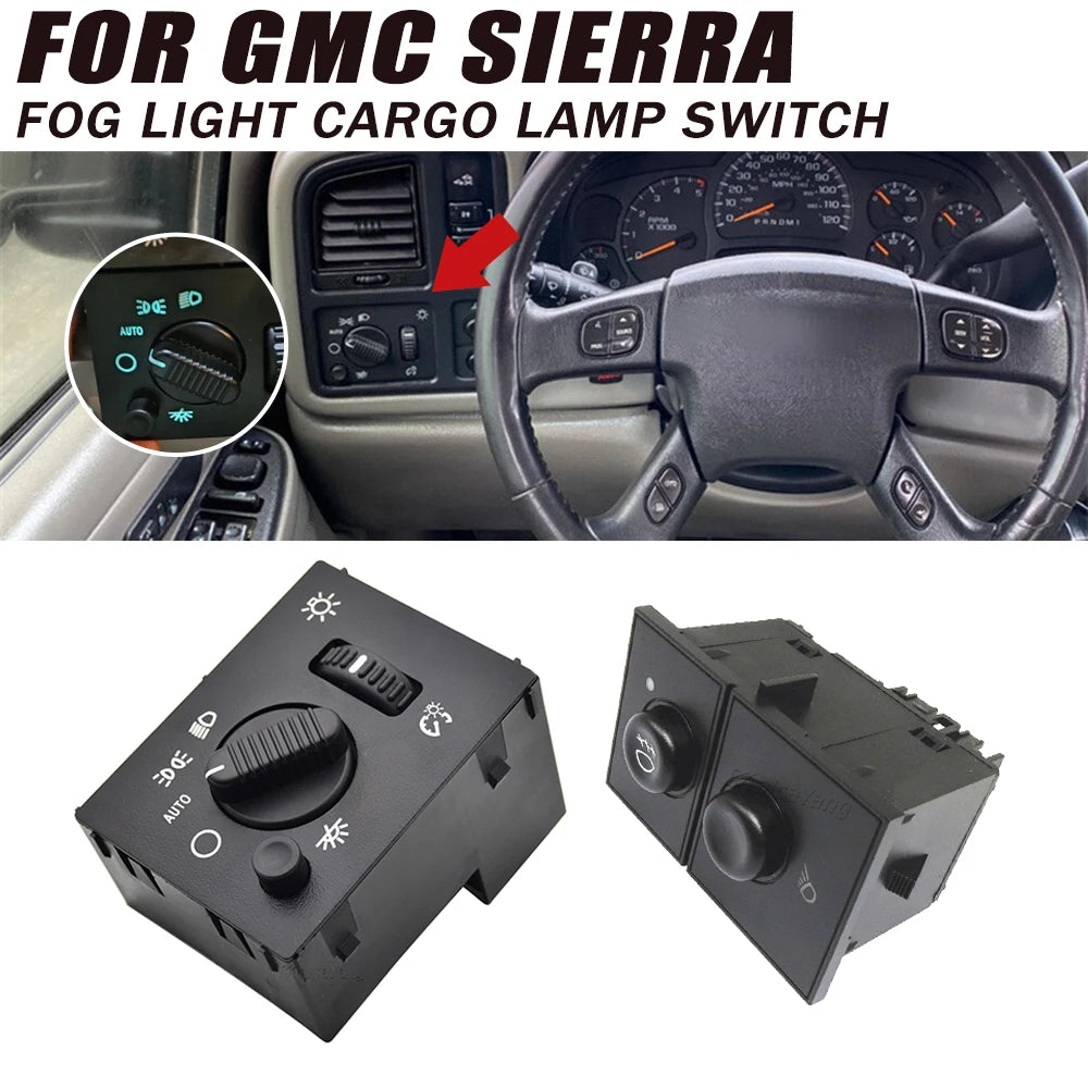 Aftermarket fog light cargo lamp switch for GMC Sierra truck, shown in two views.
