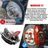 A red heavy-duty brake caliper piston spreader tool with a ratchet action, shown next to a disc brake.