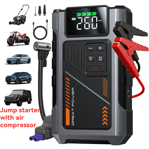 A portable jump starter and tire inflator device with a digital display showing 260 KPA, next to various tools and vehicles.