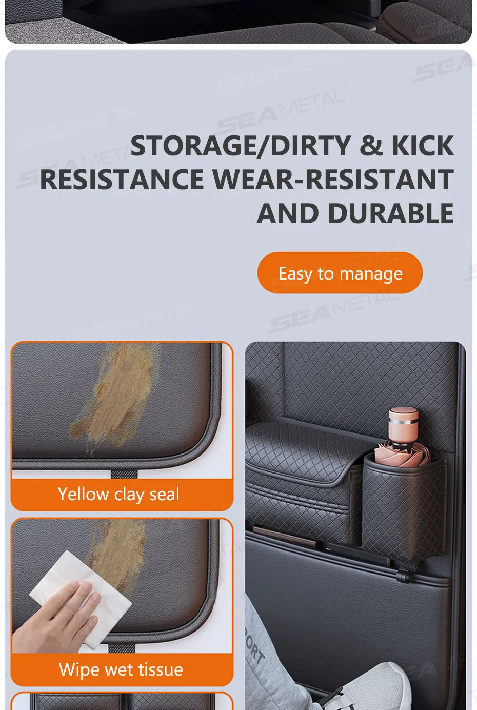A storage bag designed for car seats, featuring a yellow clay seal and wipe wet tissue for dirt resistance.