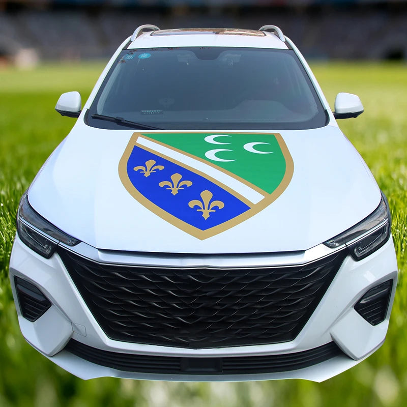 A white car hood decorated with a green and gold fleur-de-lis flag.