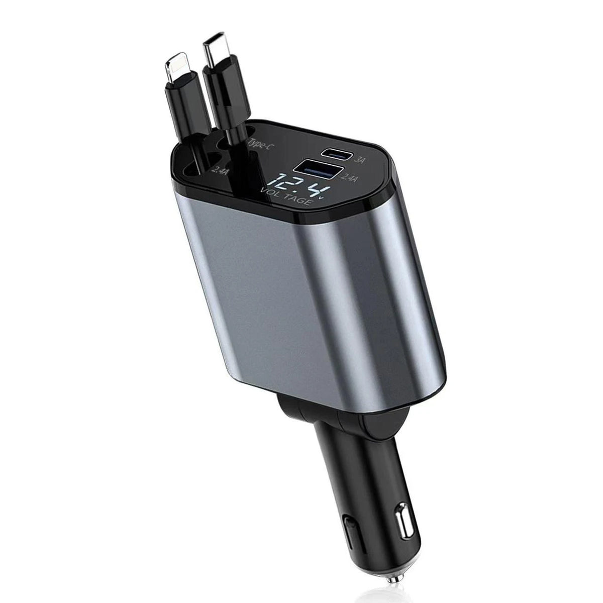 Chargeur de véhicule 4-en-1 argent et noir avec câbles rétractables et affichage numérique de tension.
