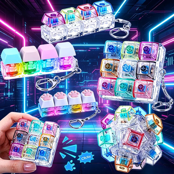 A collection of colorful, clear LED keyboard keychains and fidget toys displayed on a dark, futuristic background.