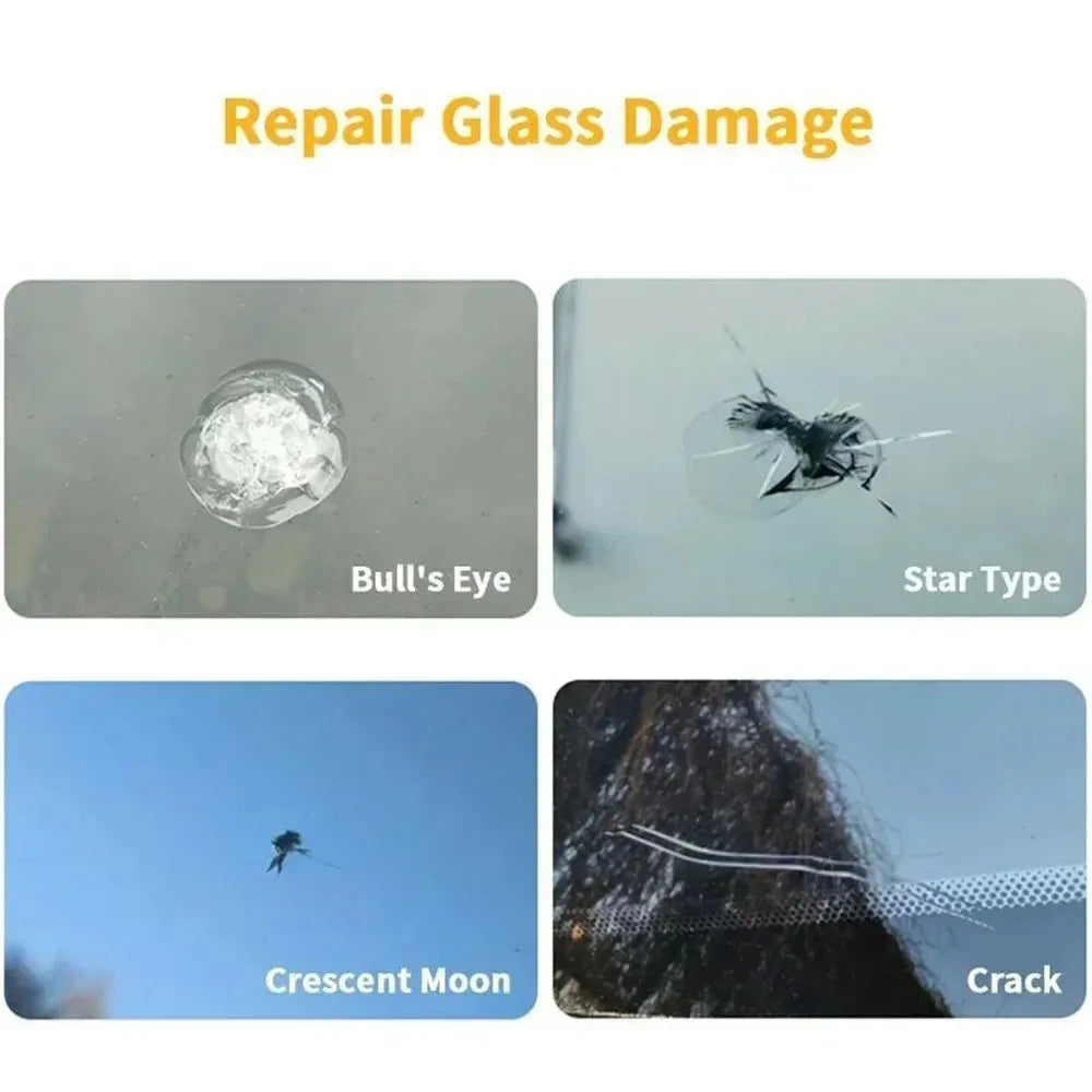 Repair Glass Damage kit showing examples of bull's eye, star type, crescent moon, and crack damage.