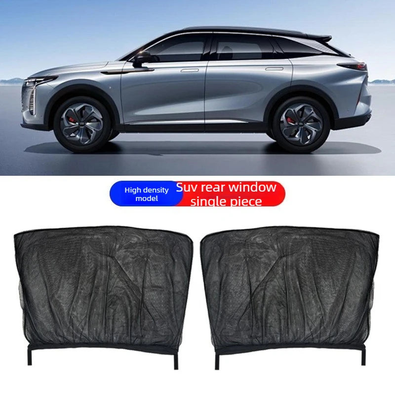 Black mesh sun shade for a car's rear window, designed as a single piece.