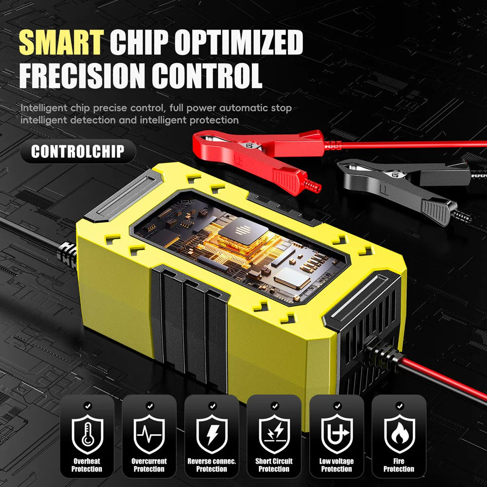 A yellow electronic device labeled Smart Chip Optimized Fricision Control is shown with various protection icons.