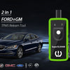 A green TPMS relearn tool is shown next to a blue Ford vehicle, demonstrating its use for Ford and GM cars.