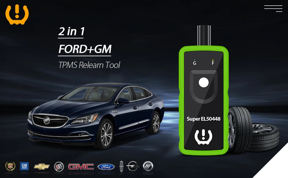 A green TPMS relearn tool is shown next to a blue Ford vehicle, demonstrating its use for Ford and GM cars.