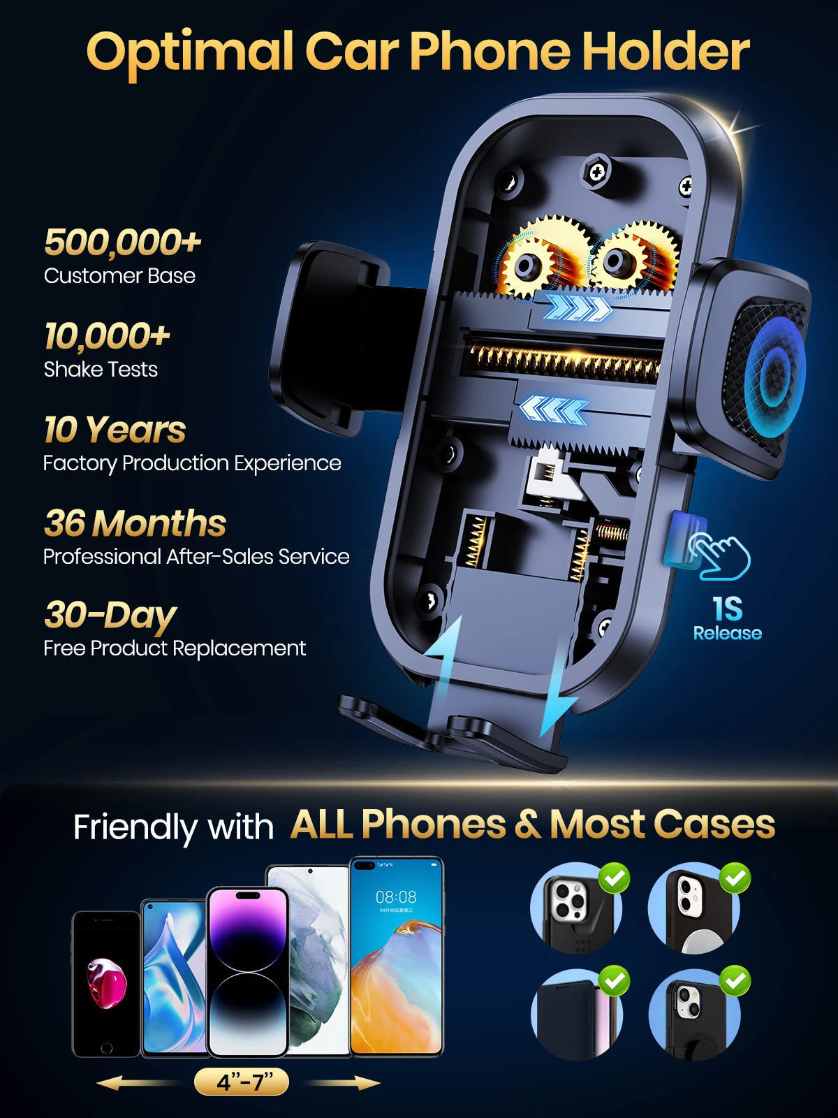 A black adjustable car phone holder designed to securely mount smartphones in a vehicle.