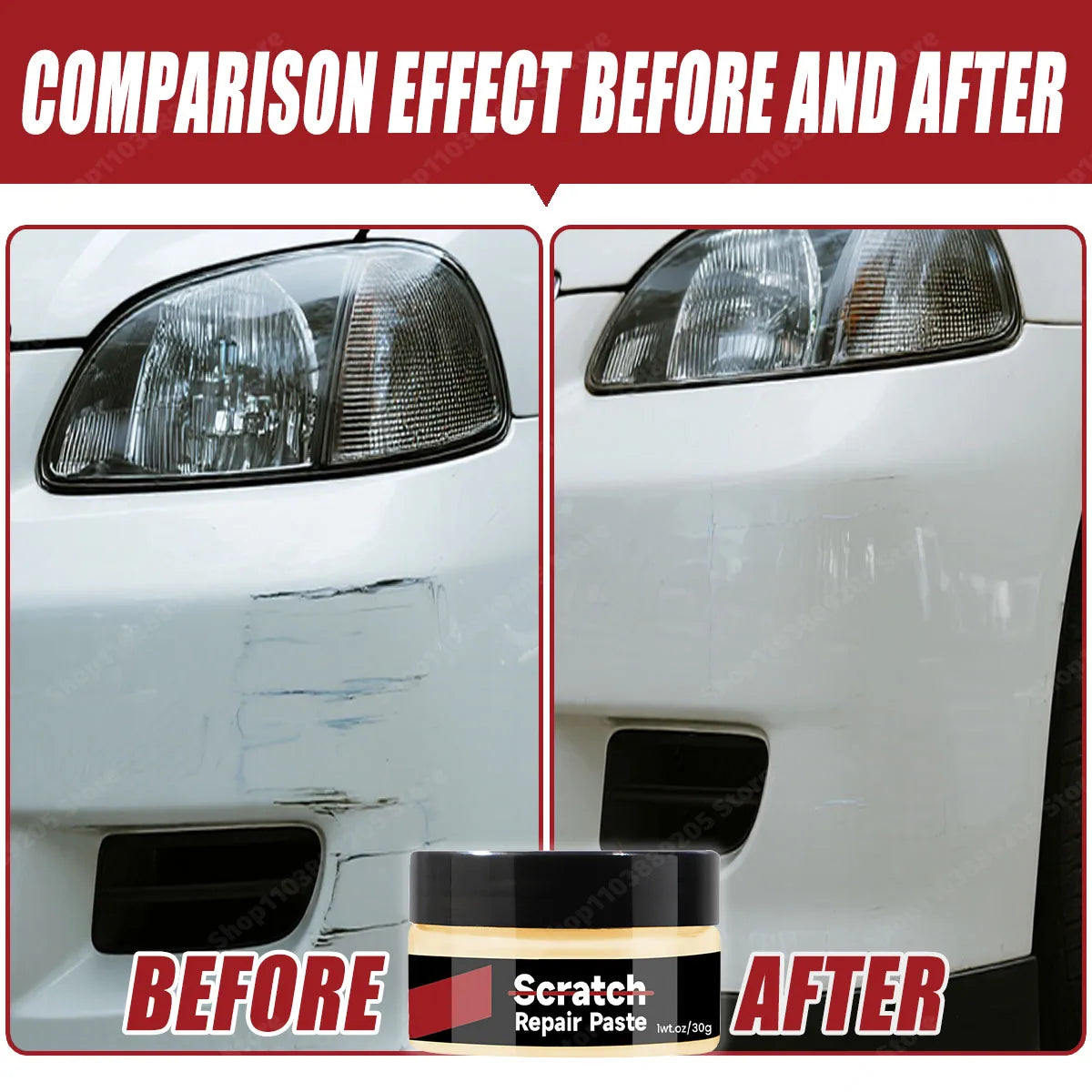 Comparison of a car headlight scratch before and after using a repair paste kit
