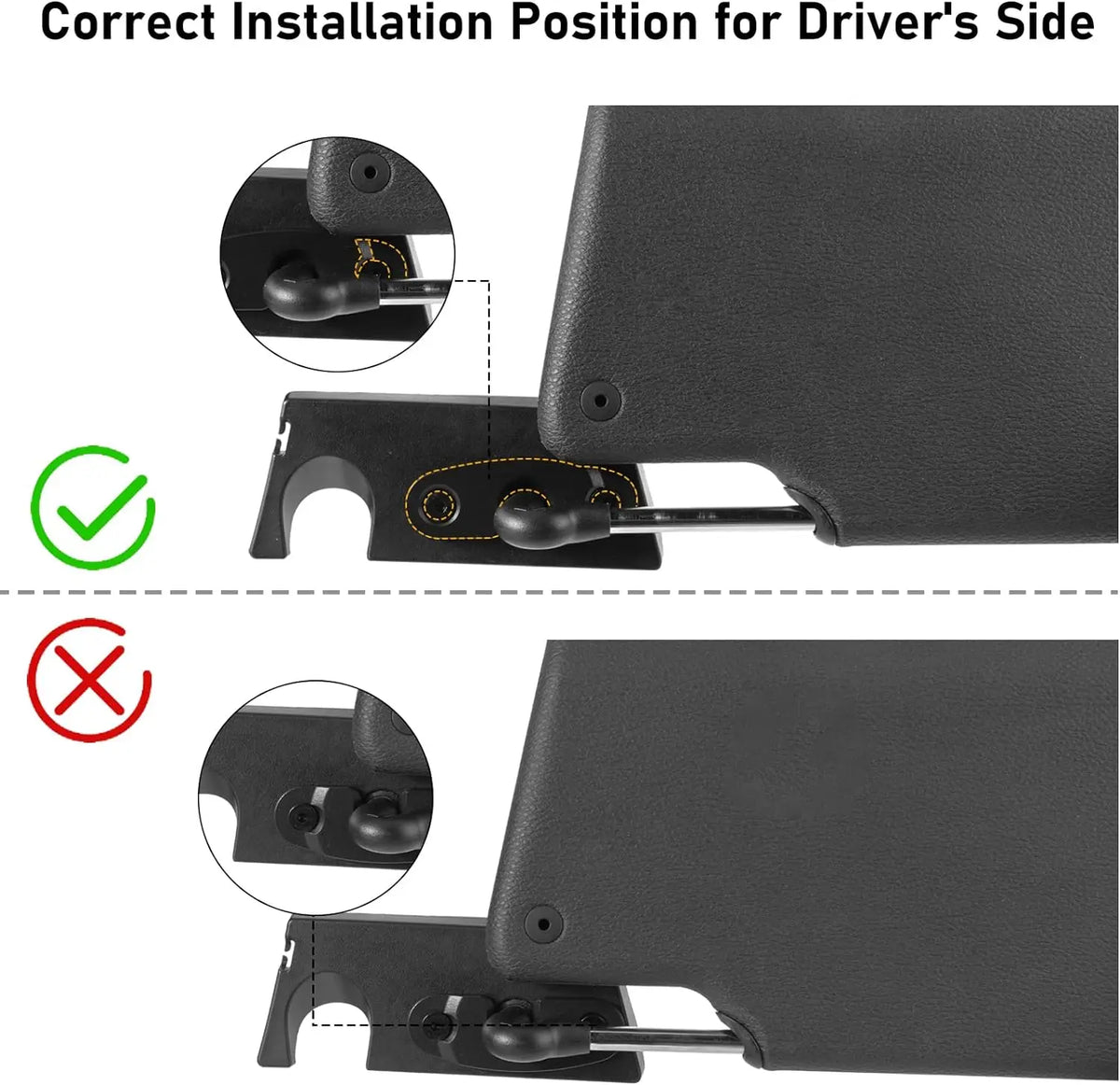 Diagram showing the correct and incorrect installation positions for a driver's side door window repair kit.