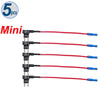 Five mini automotive fuse adapter splitters with black connectors and red wires.