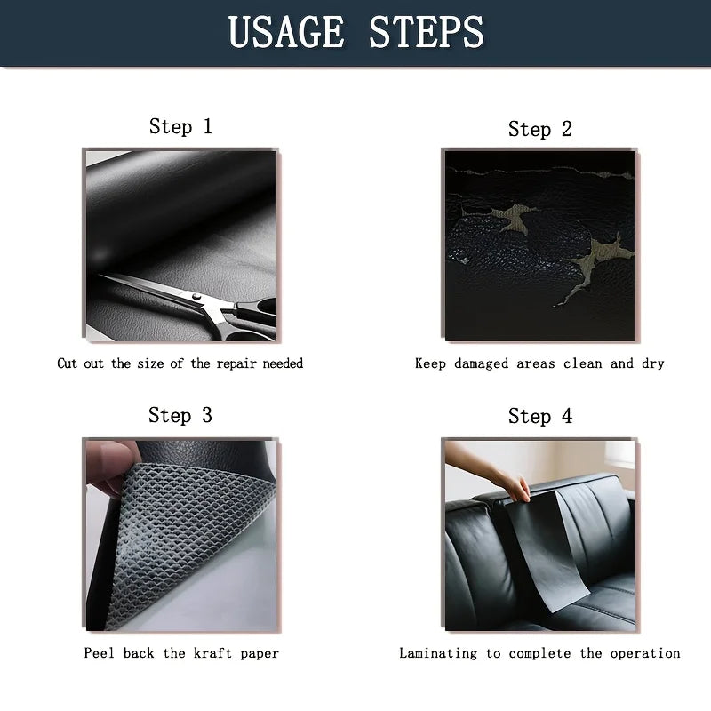 Four steps showing how to use heavy duty self-adhesive PU leather repair patches for damage.