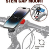 A STEM cap mount attaches a smartphone to a bicycle handlebar for mounting.