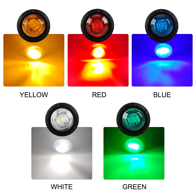 Un jeu de feux de position latéraux LED de différentes couleurs, y compris jaune, rouge, bleu, blanc et vert.