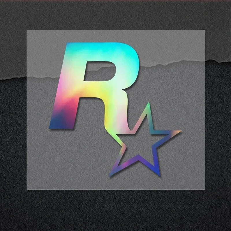 A colorful letter R and a five-pointed star decal on a gray background.