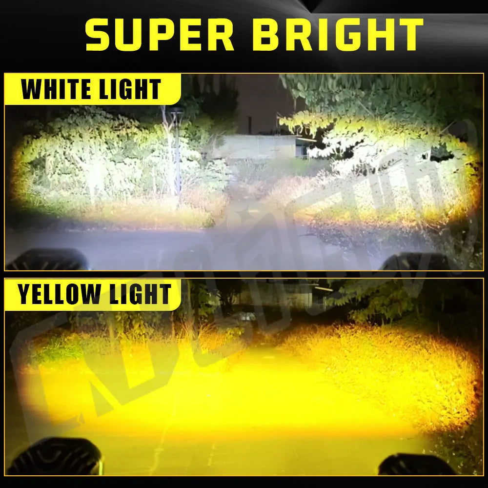 Vergleich von weißem und gelbem Licht einer 3-Zoll-Hochleistungs-LED-Arbeitsleuchte für Fahrzeuge.