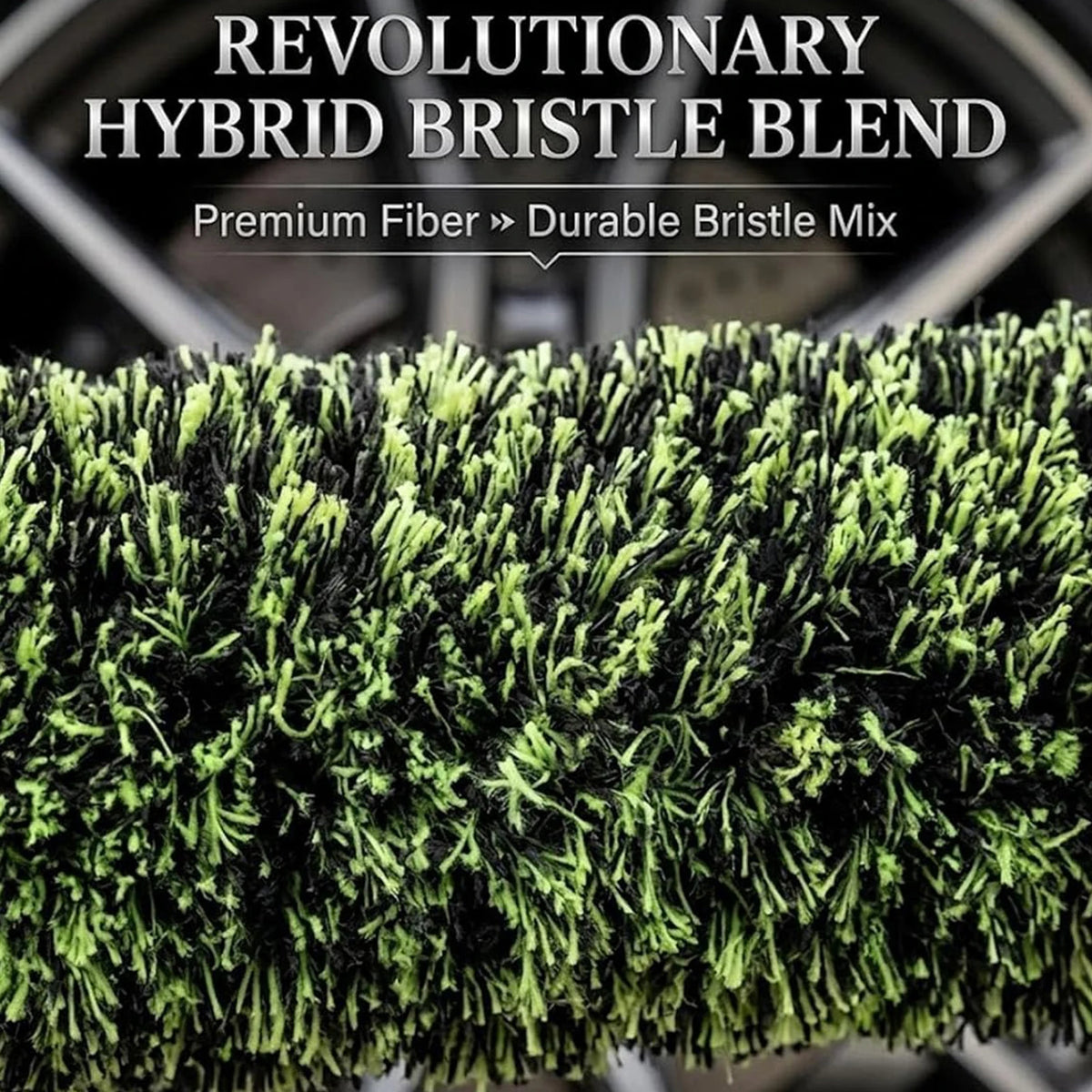 Close-up of a green and black hybrid bristle brush used for automotive detailing.