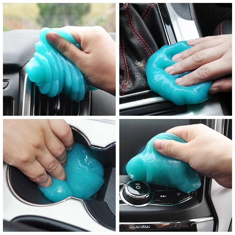 Hands are cleaning a car interior surface with a bright blue gel cleaner.