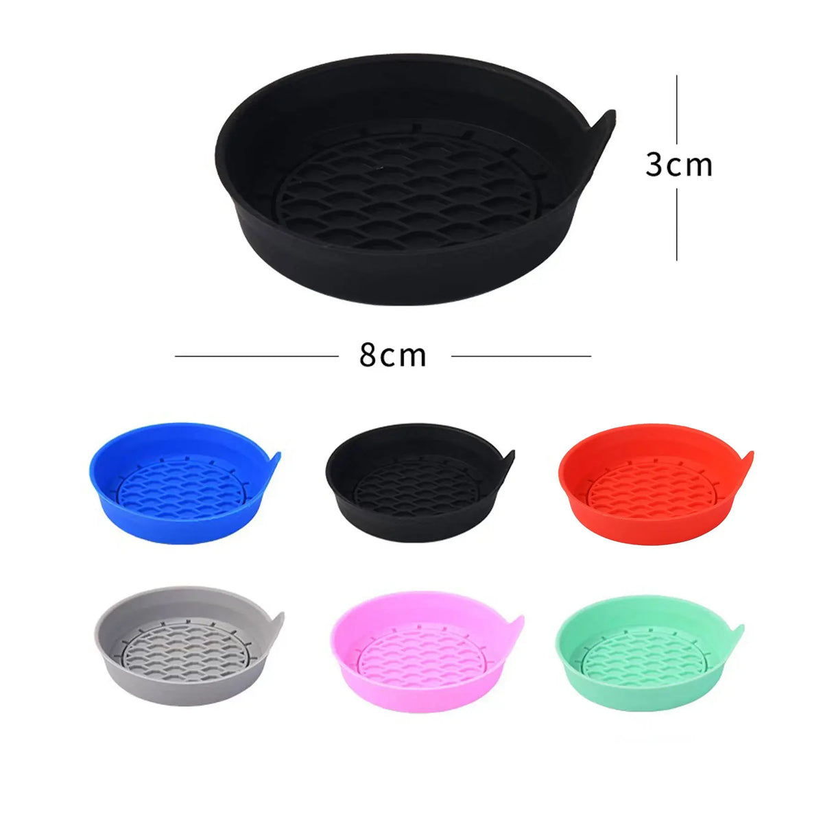 A set of five silicone cup holders or coasters in black, blue, red, gray, and green.