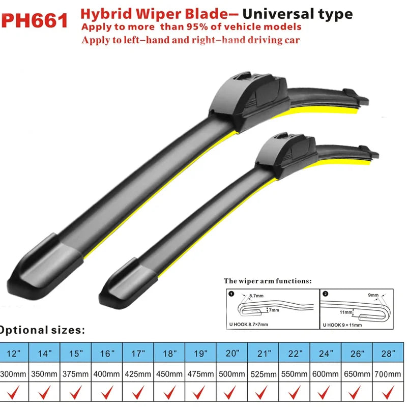 A set of PH661 Hybrid Wiper Blades for universal use, showing various sizes and dimensions.