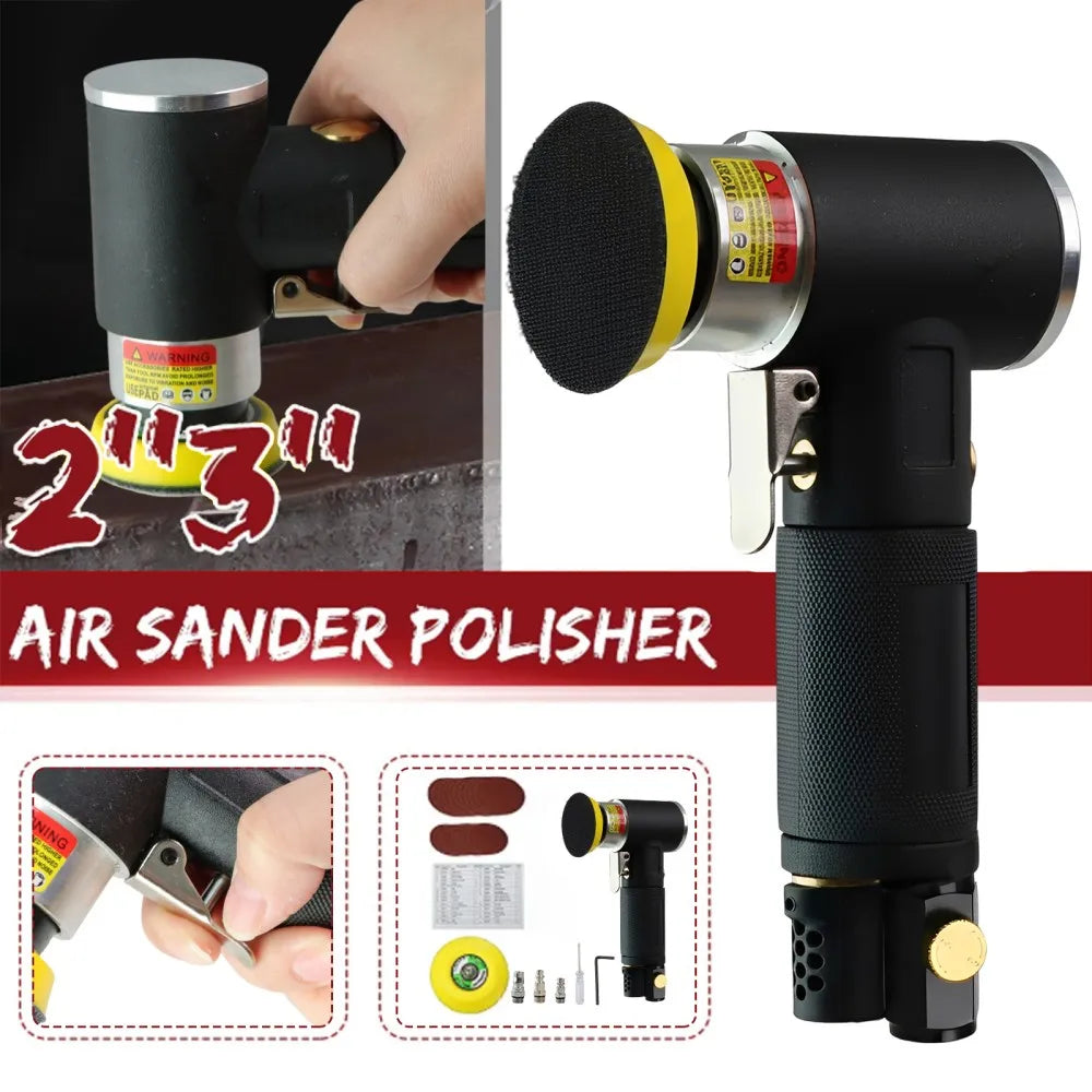 A kit for an air sander and polisher, showing the main tool and various accessories.