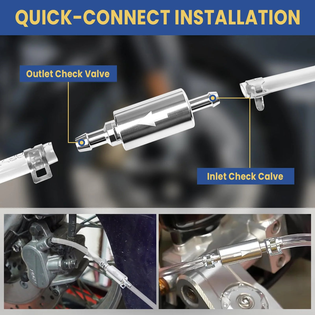 Close-up of a quick-connect installation kit showing outlet and inlet check valves for brake fluid bleeding.