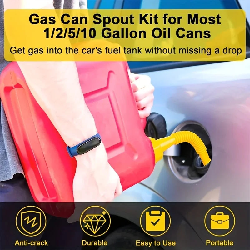 A hand is using a red gas can spout kit to fill a car's fuel tank.