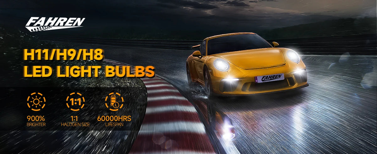 A yellow car is shown with bright LED light bulbs installed, demonstrating high performance and longevity.