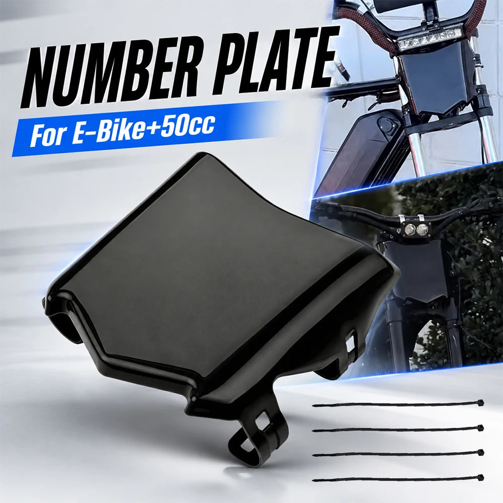 Black number plate cover designed for e-bikes and 50cc vehicles shown with accompanying straps.