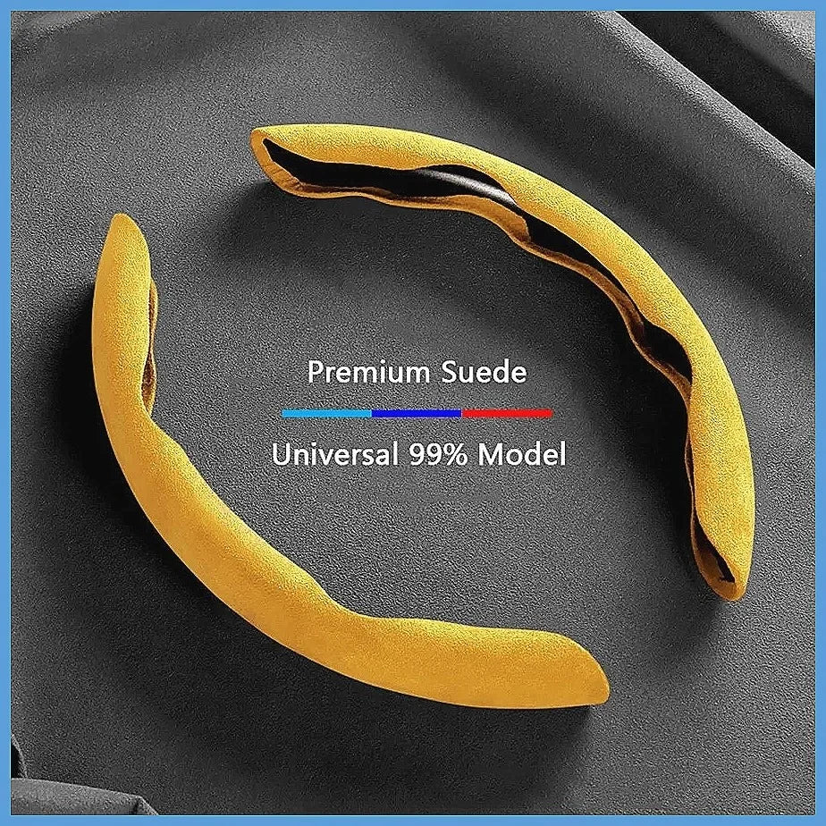 A yellow suede steering wheel cover is shown against a dark background, highlighting its universal model design.