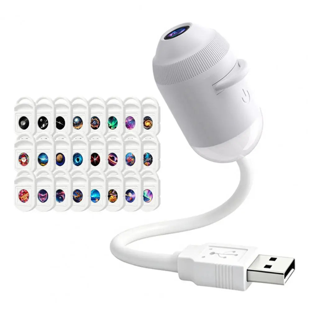 A white projector night light with a touch control feature and multiple colored lights.