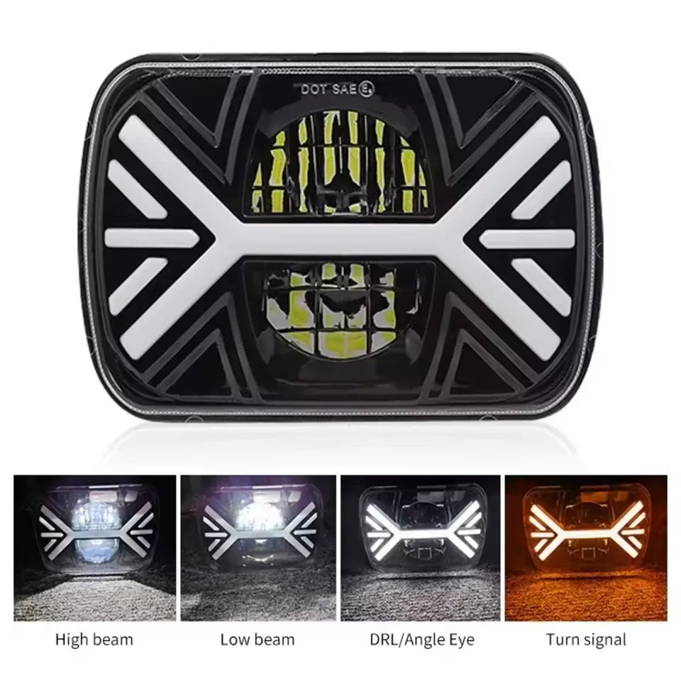 A square LED headlight assembly featuring high beam, low beam, DRL/angle eye, and turn signal functions.