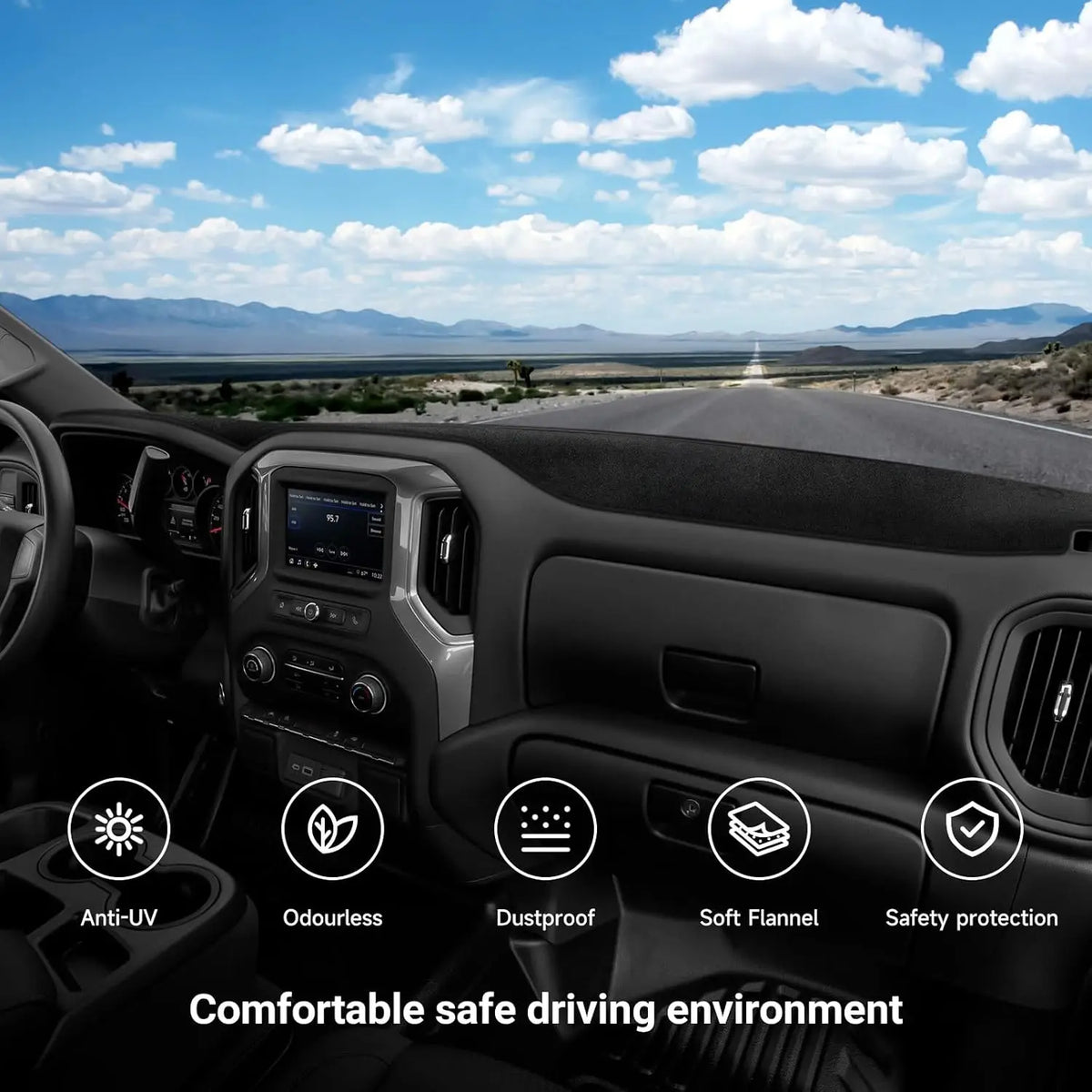 Interior view of a truck showing an anti-UV dash cover and various interior features for a comfortable safe driving environme