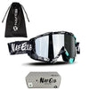 A pair of black and multi-colored sports goggles with a drawstring bag and packaging box.