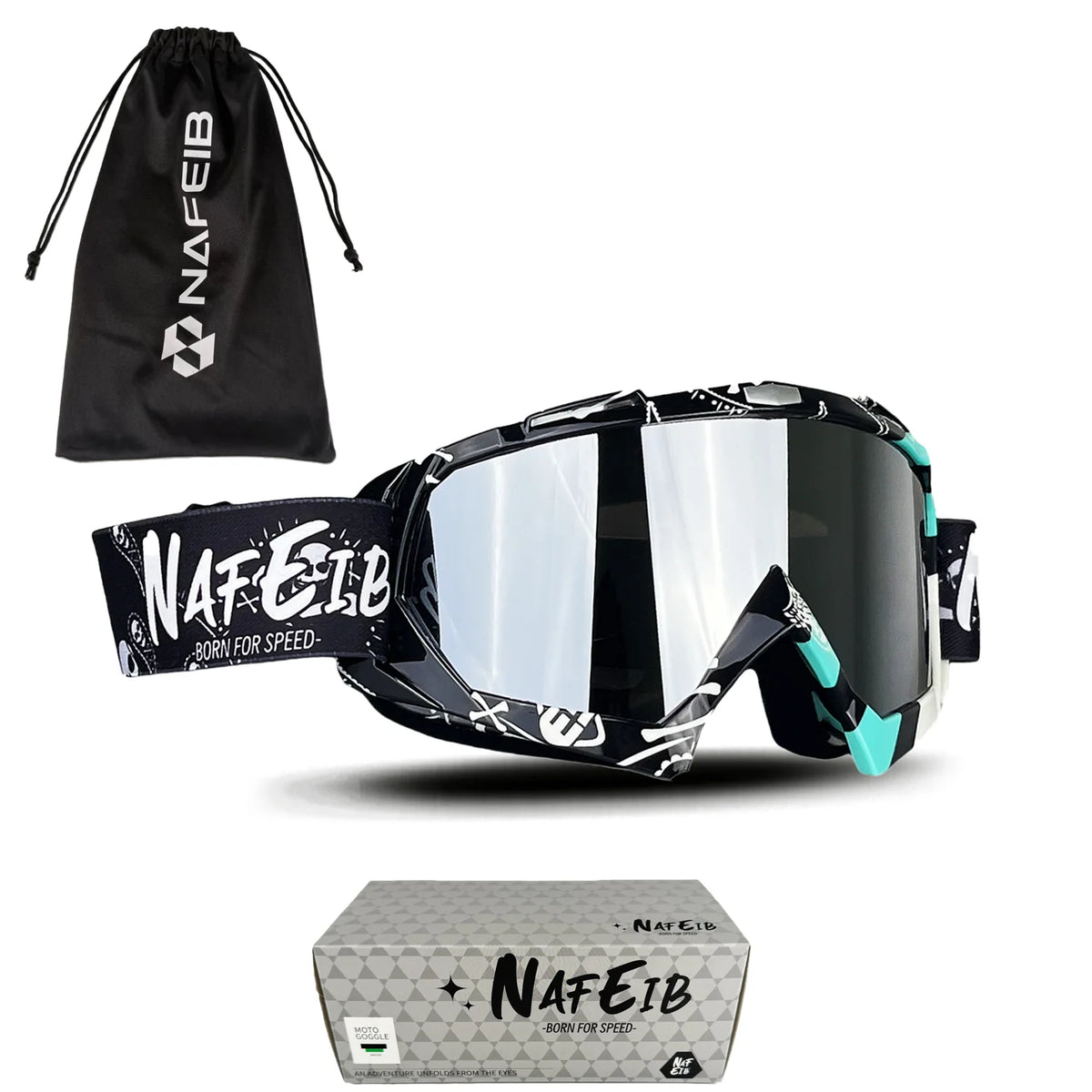 A pair of black and multi-colored sports goggles with a drawstring bag and packaging box.