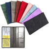 A collection of men's leather card holder wallets in various colors, including blue, green, red, pink, and purple.