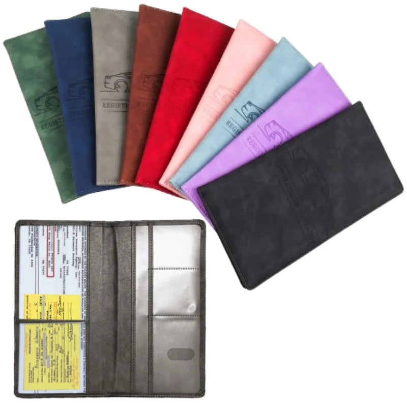 A collection of men's leather card holder wallets in various colors, including blue, green, red, pink, and purple.