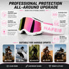 A pair of pink and black off-road racing goggles with an adjustable strap shown against a white background.