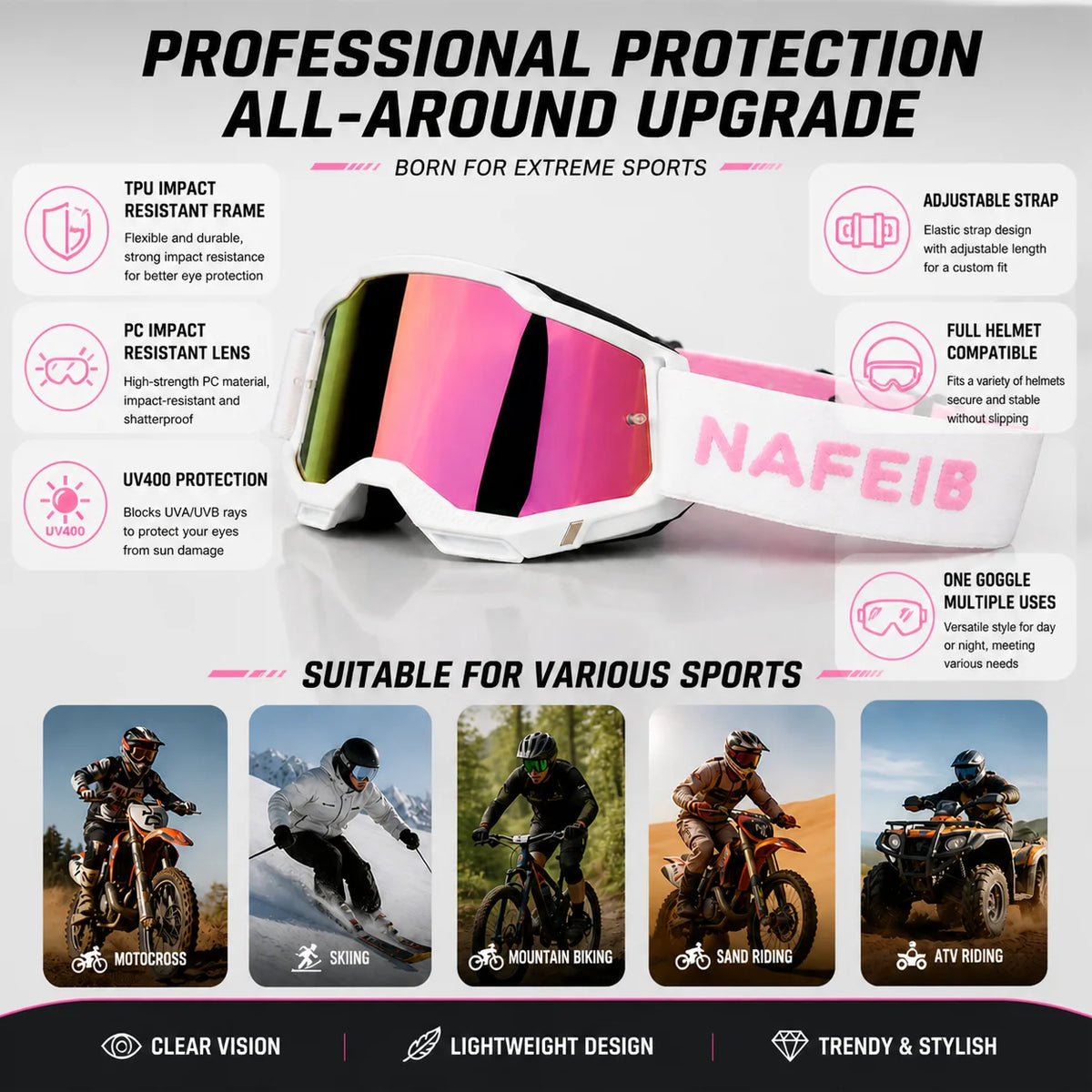 A pair of pink and black off-road racing goggles with an adjustable strap shown against a white background.